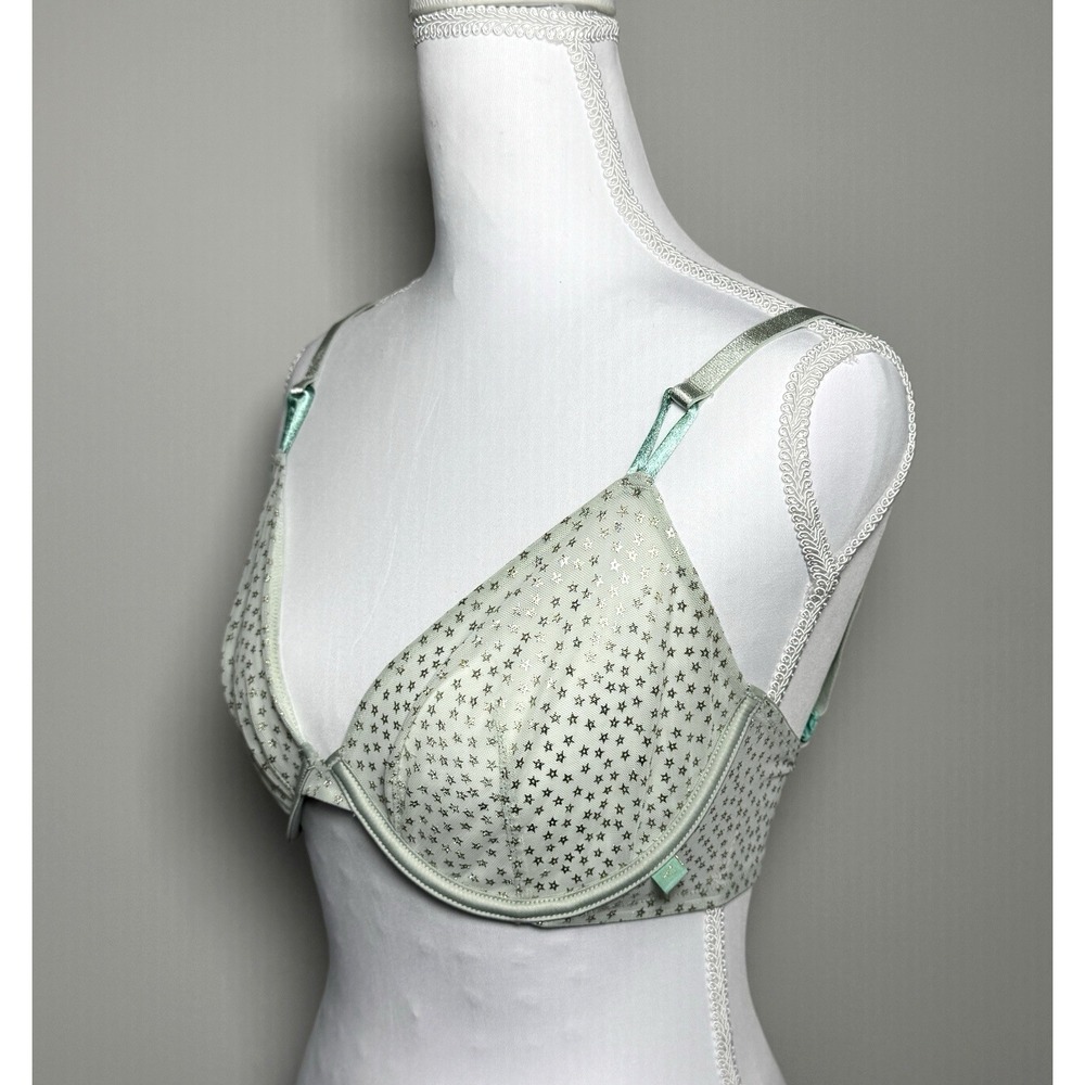 Victoria's Secret Unlined Underwire Demi Bra 34DD Mint Green Silver Stars Fairy